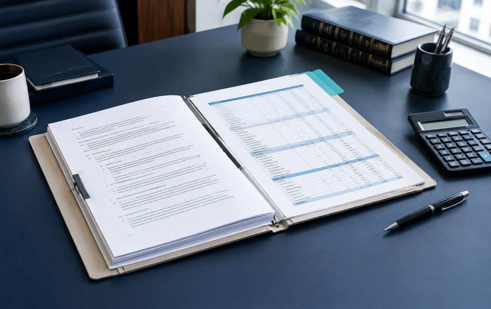 Open civil litigation file showing a phased costs budget beside a calculator