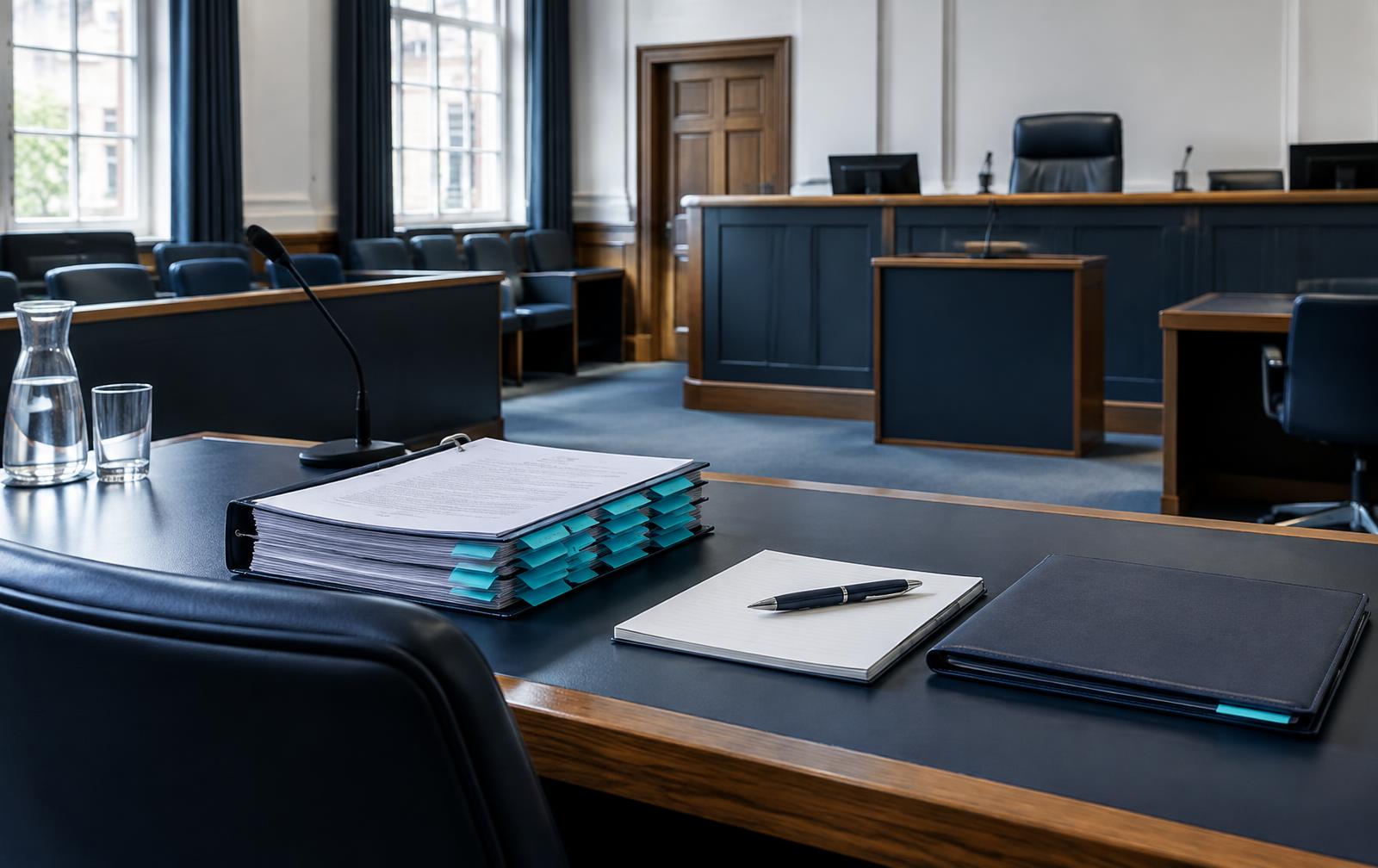 Prepared detailed assessment hearing bundle on a court advocate's desk