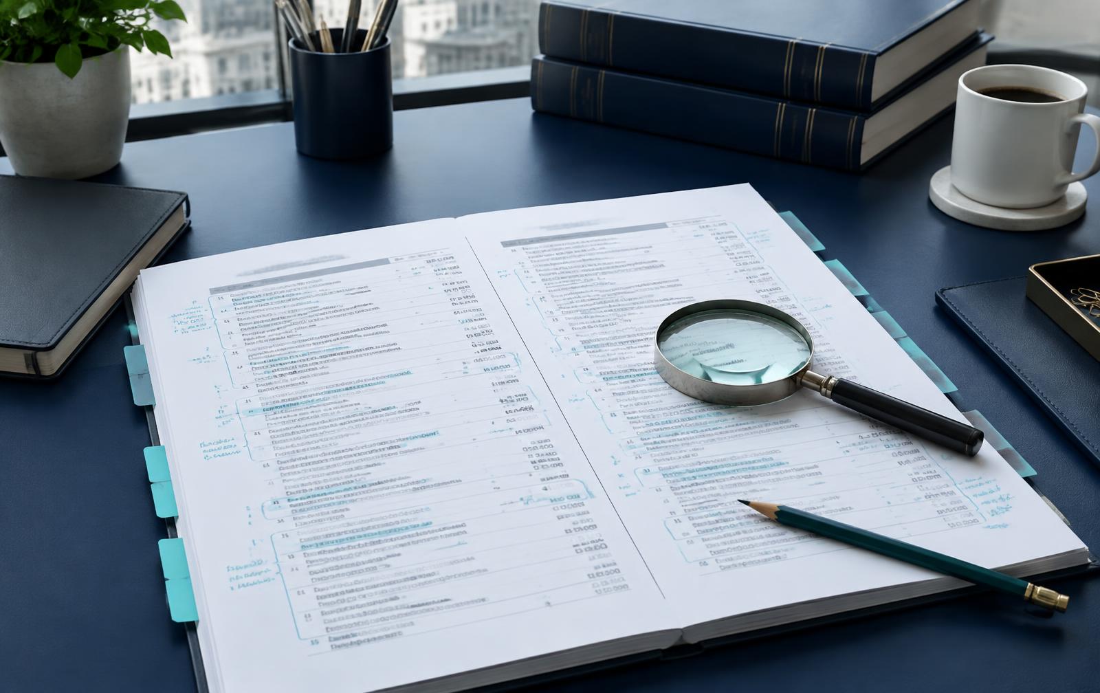 Complex Bill of Costs under close review with annotations and a magnifying glass