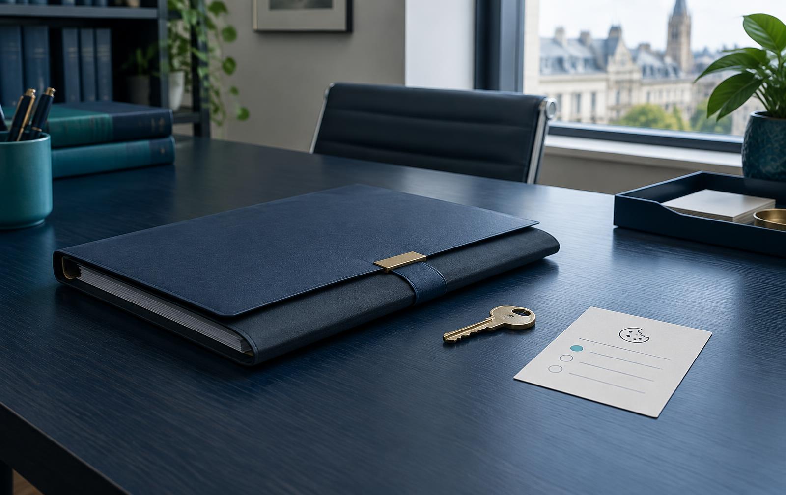 Closed confidential client file and privacy preference card in a legal office