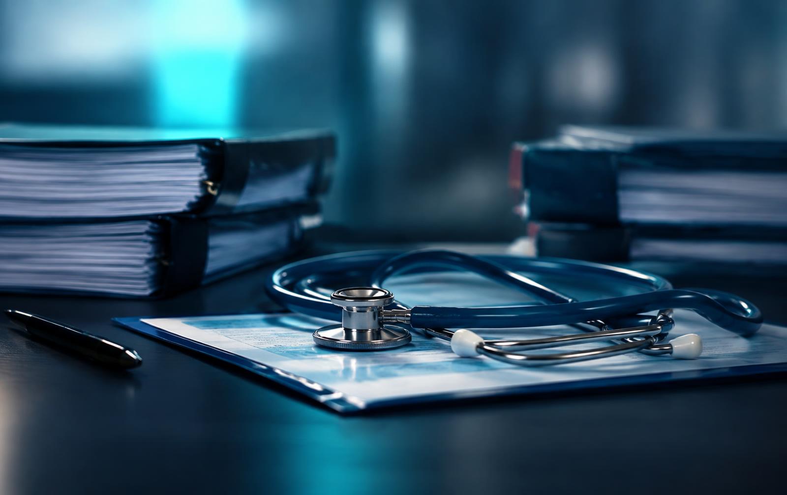 Stethoscope resting on a medical report in front of thick clinical negligence litigation bundles