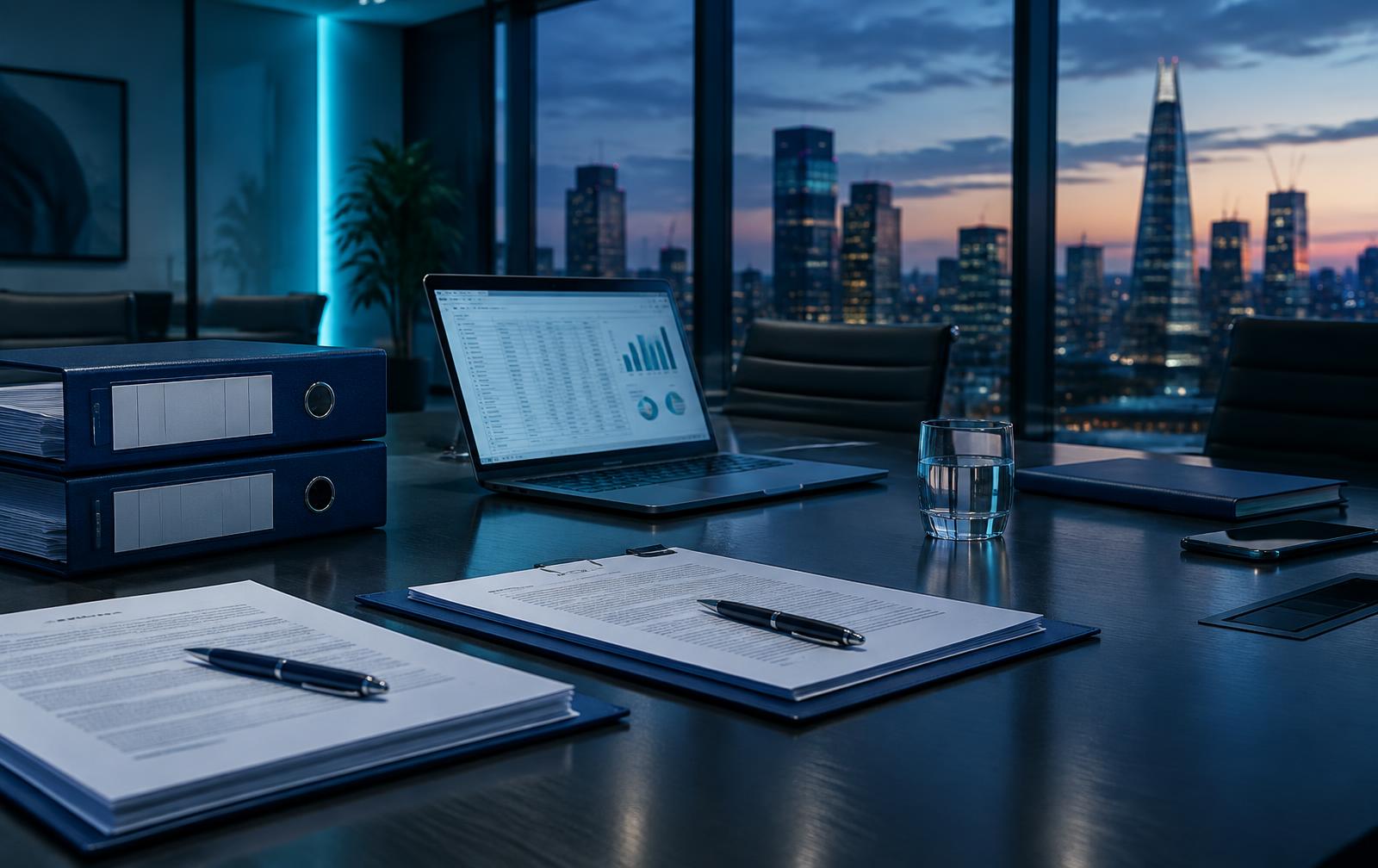 Commercial contracts, lever arch files and a laptop showing spreadsheets on a boardroom table at dusk