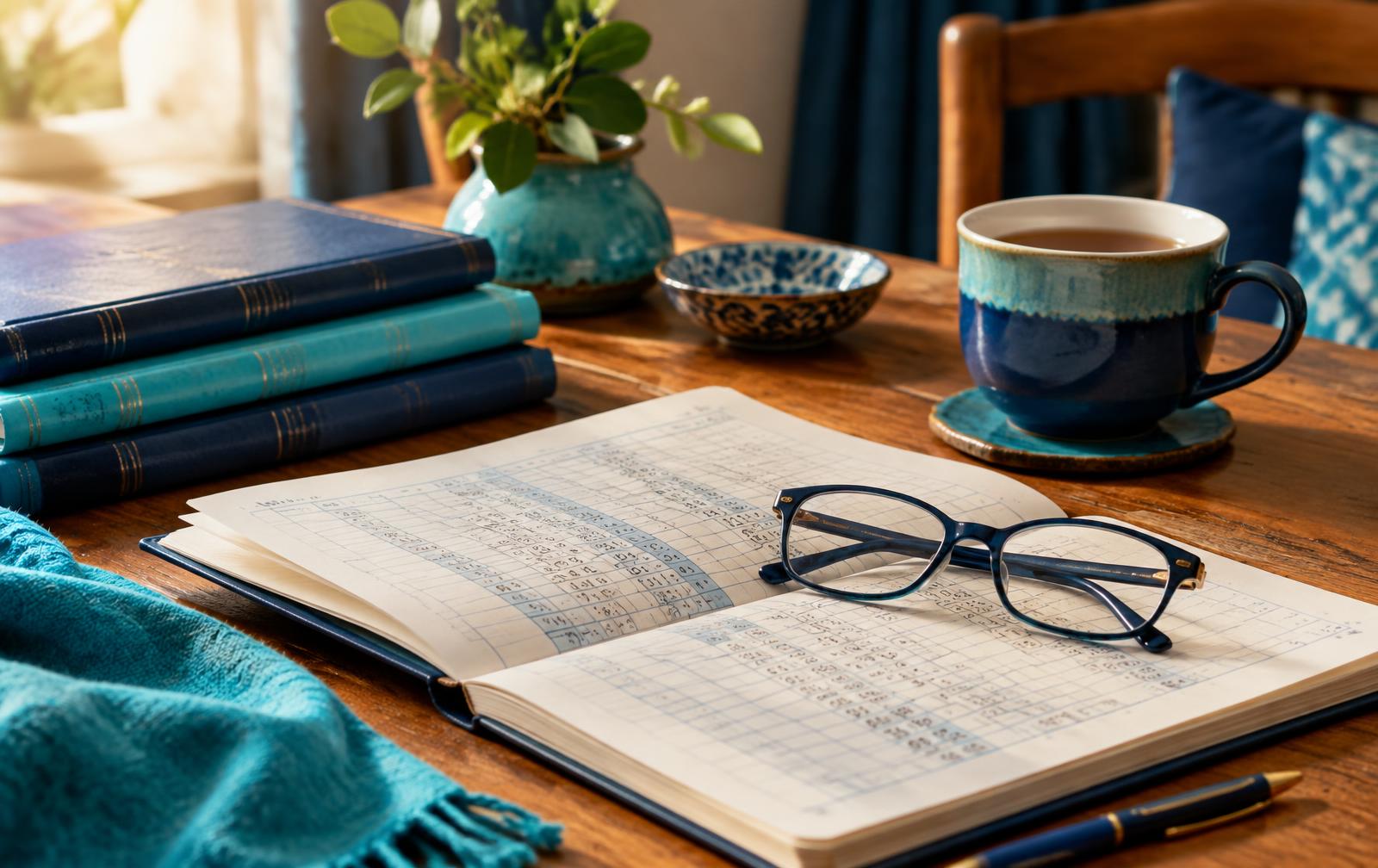 Open deputyship account ledger with reading glasses beside a cup of tea on a home table