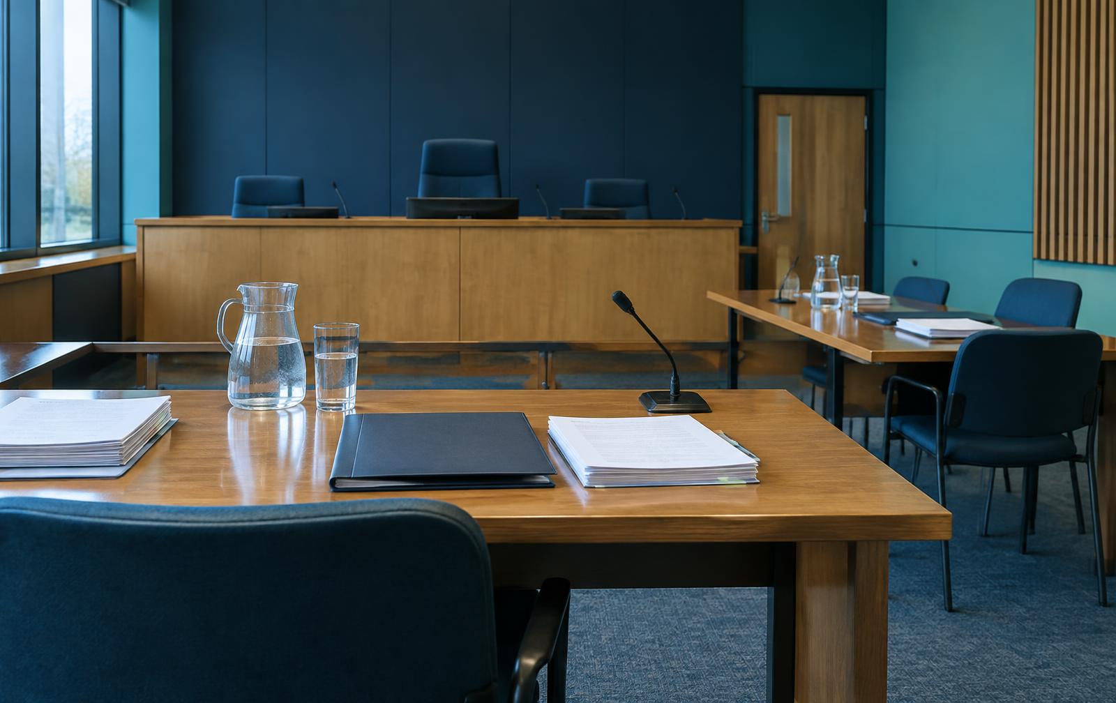 Empty employment tribunal hearing room with papers, a water jug and microphone on the tables