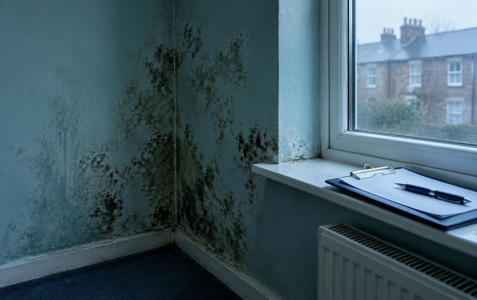 Black mould spreading across the corner of a rented home beside a window and inspection clipboard