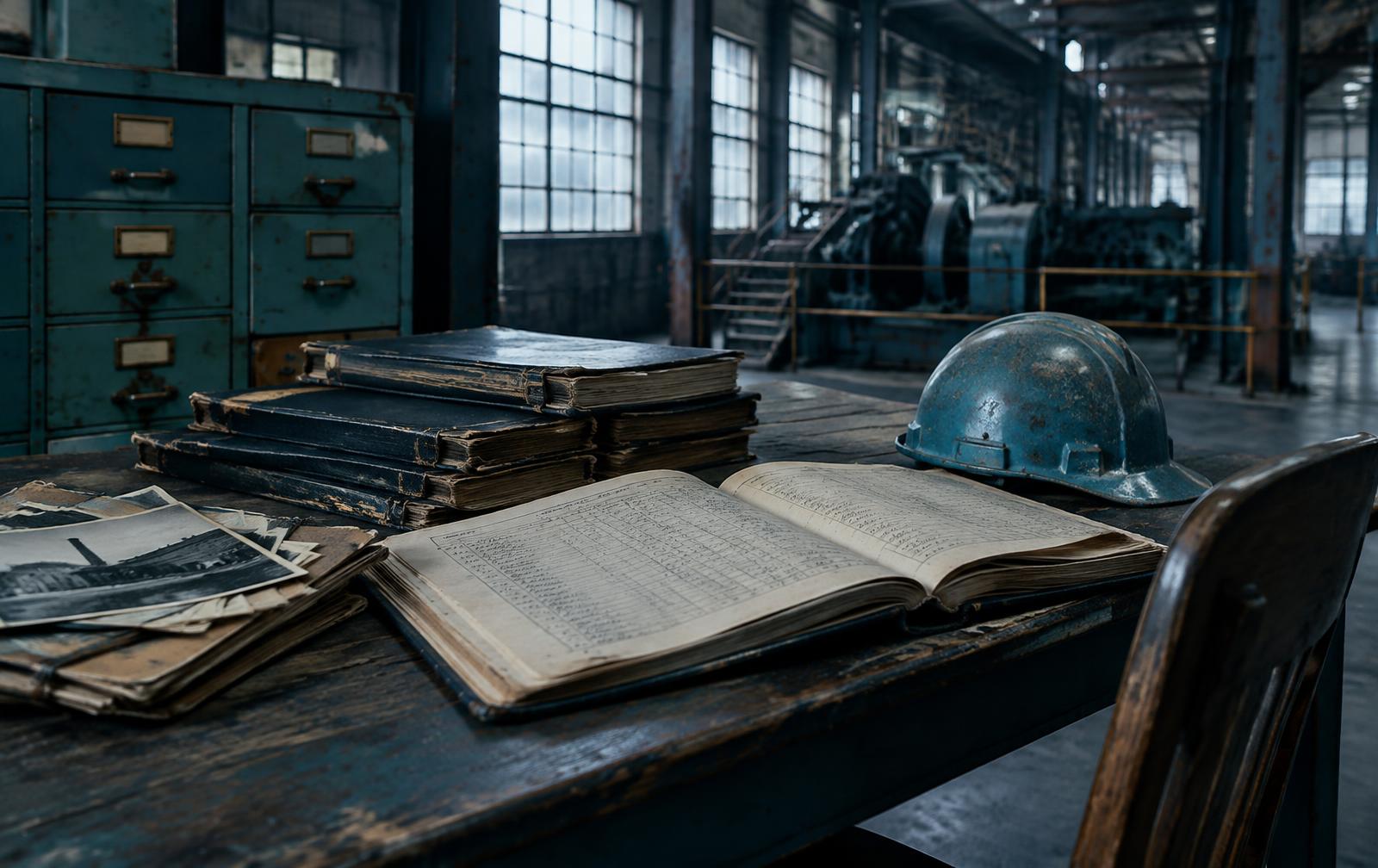Historic factory employment ledgers and a worn hard hat on a table inside an old industrial building