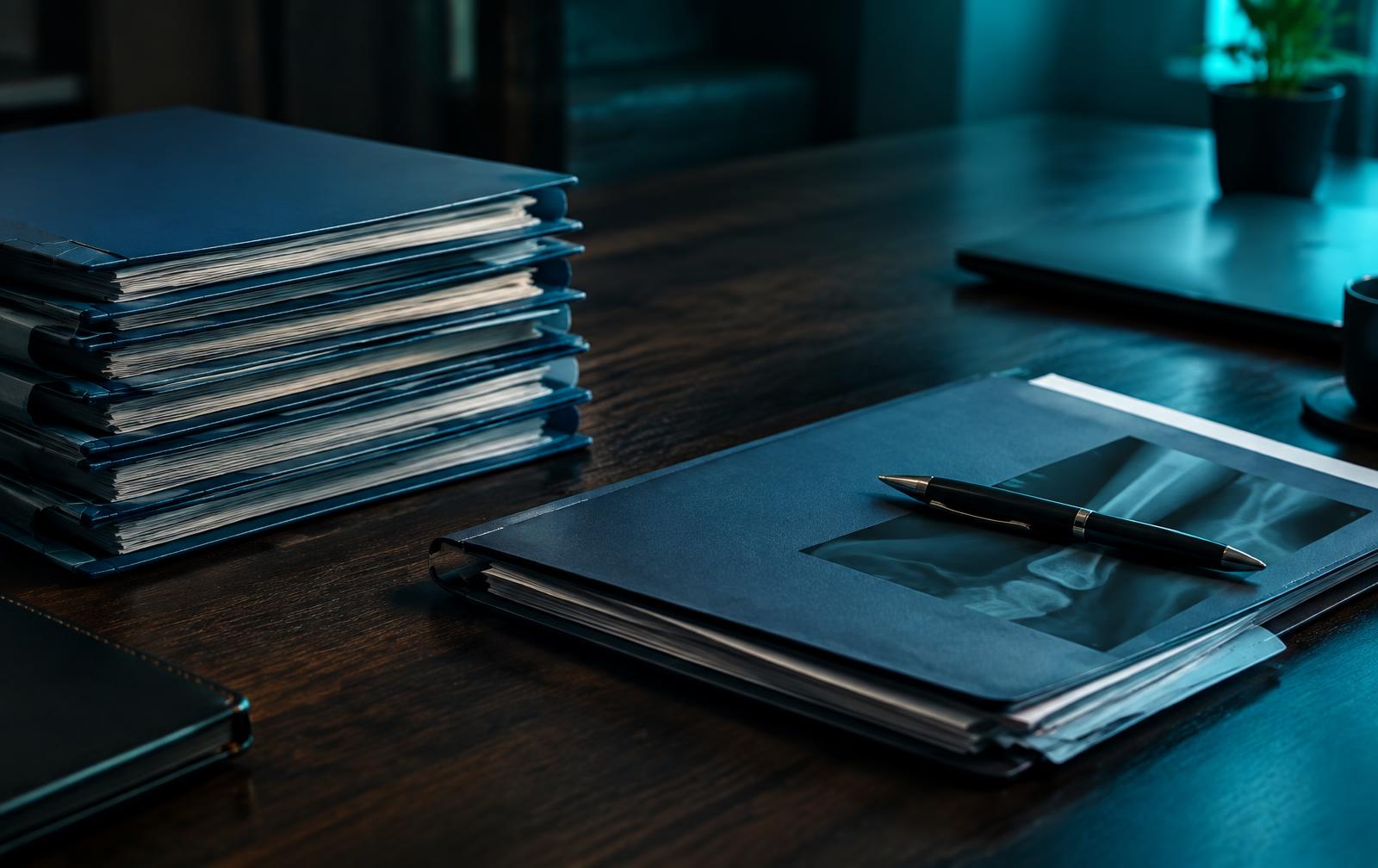 Personal injury claim file with an X-ray image and pen beside stacked medical record binders