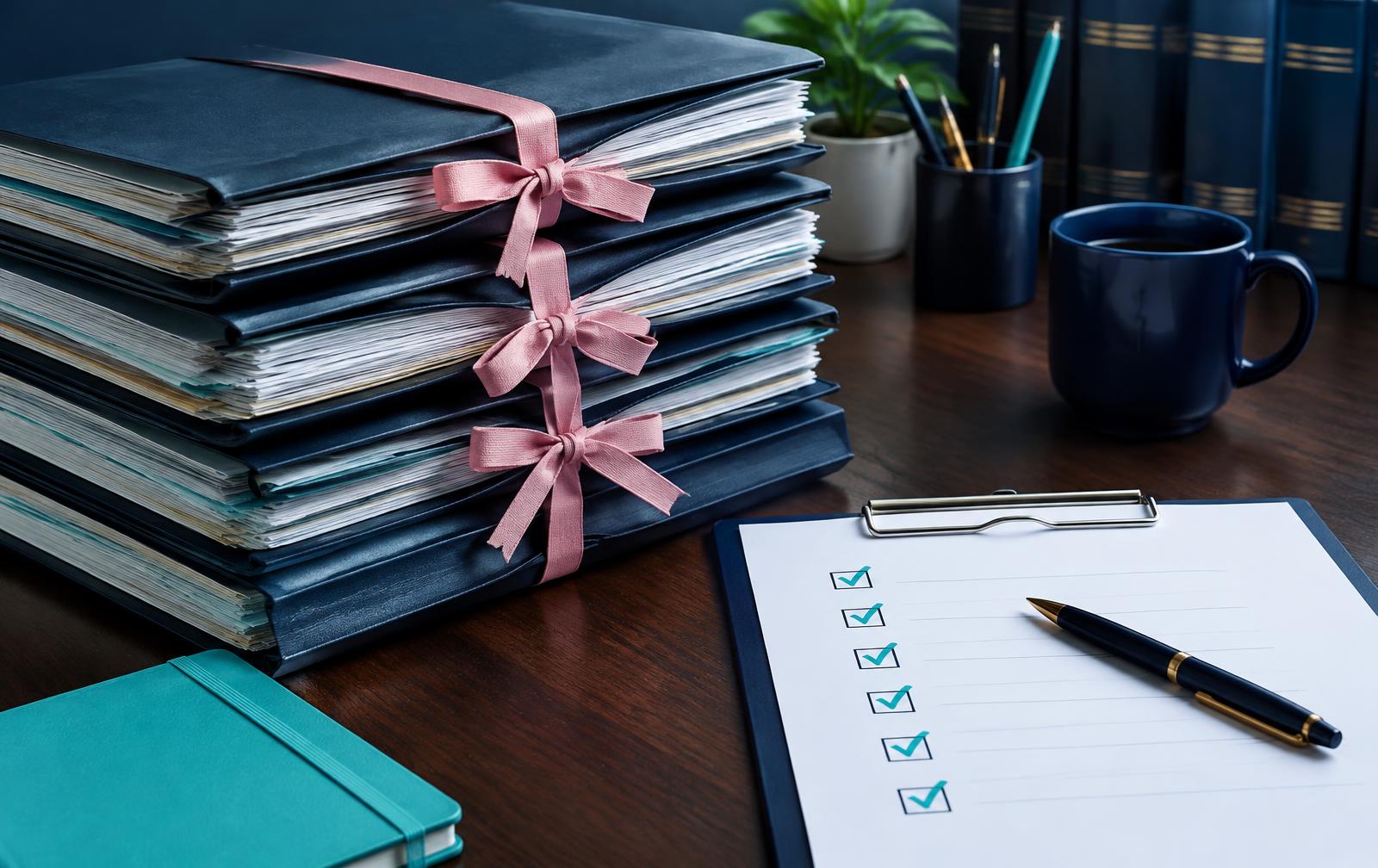 Archived solicitor case files tied with pink legal ribbon beside a completed audit checklist